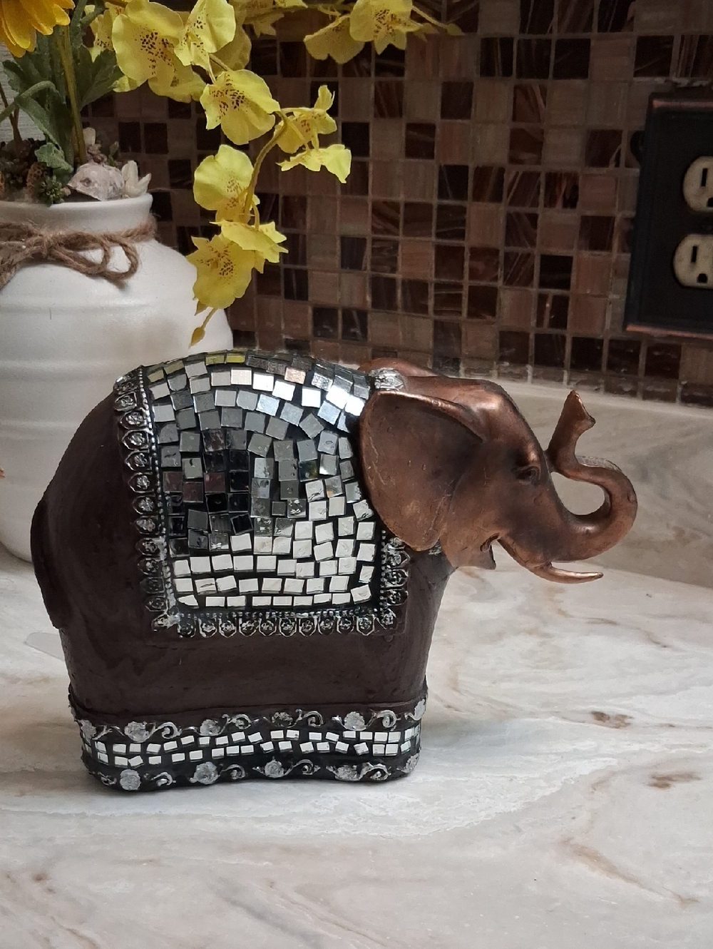 Mosaic Tile Elephant Figurine — Brown & Silver
